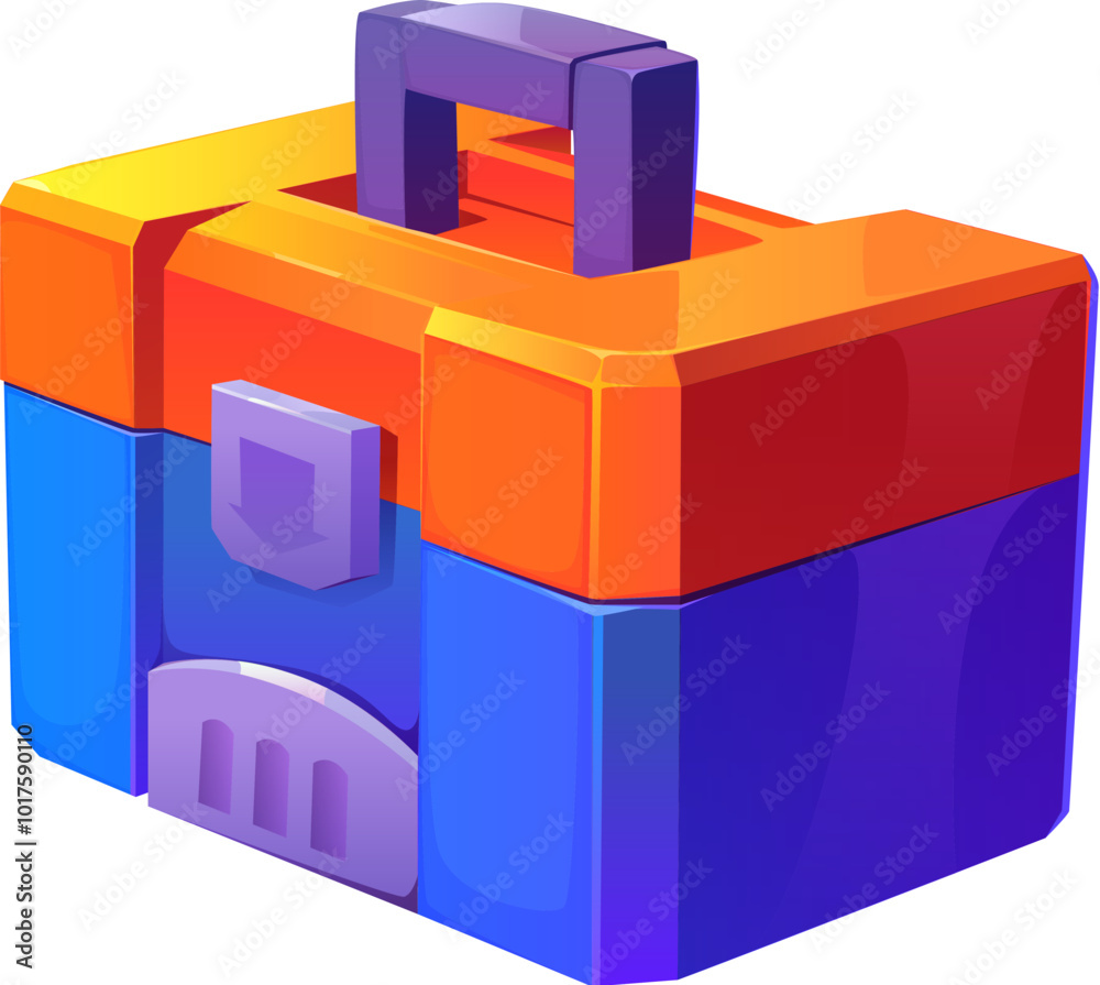 Cartoon futuristic sci fi game toolbox, space chest, features blue, orange and purple colors with a handle and lock. Isolated vector gaming asset, storage for instruments utility and organization Cartoon futuristic sci fi game toolbox, space chest, features blue, orange and purple colors with a handle and lock. Isolated vector gaming asset, storage for instruments utility and organization