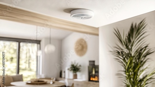 A white smoke detector mounted on a ceiling, surrounded by clean home illustrating safety measures for fire protection