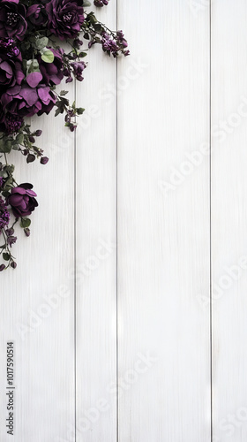 Purple flowers on a white wood background.