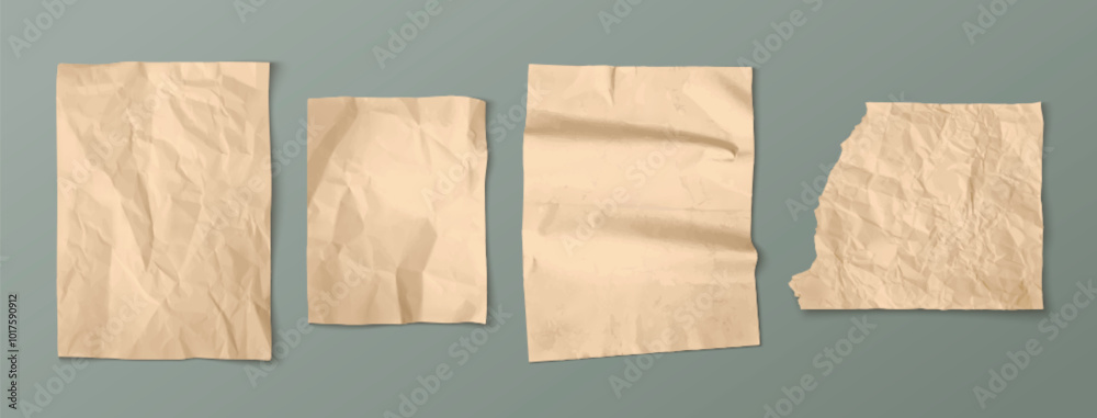 Torn brown craft paper with wrinkles. Crumpled vintage sheet for scrapbook and collage design. Realistic 3d vector illustration set of wrinkled blank memo note mockup. Ripped cardboard strips.