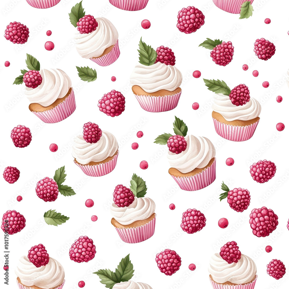 Watercolor seamless pattern of raspberry cupcakes on a white background, artistic and vibrant. PNG Watercolor seamless pattern of raspberry cupcakes on a white background, artistic and vibrant. PNG