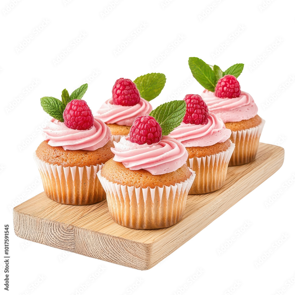 Raspberry cupcakes on a wooden tray, isolated on a white background, rustic and charming. PNG Raspberry cupcakes on a wooden tray, isolated on a white background, rustic and charming. PNG