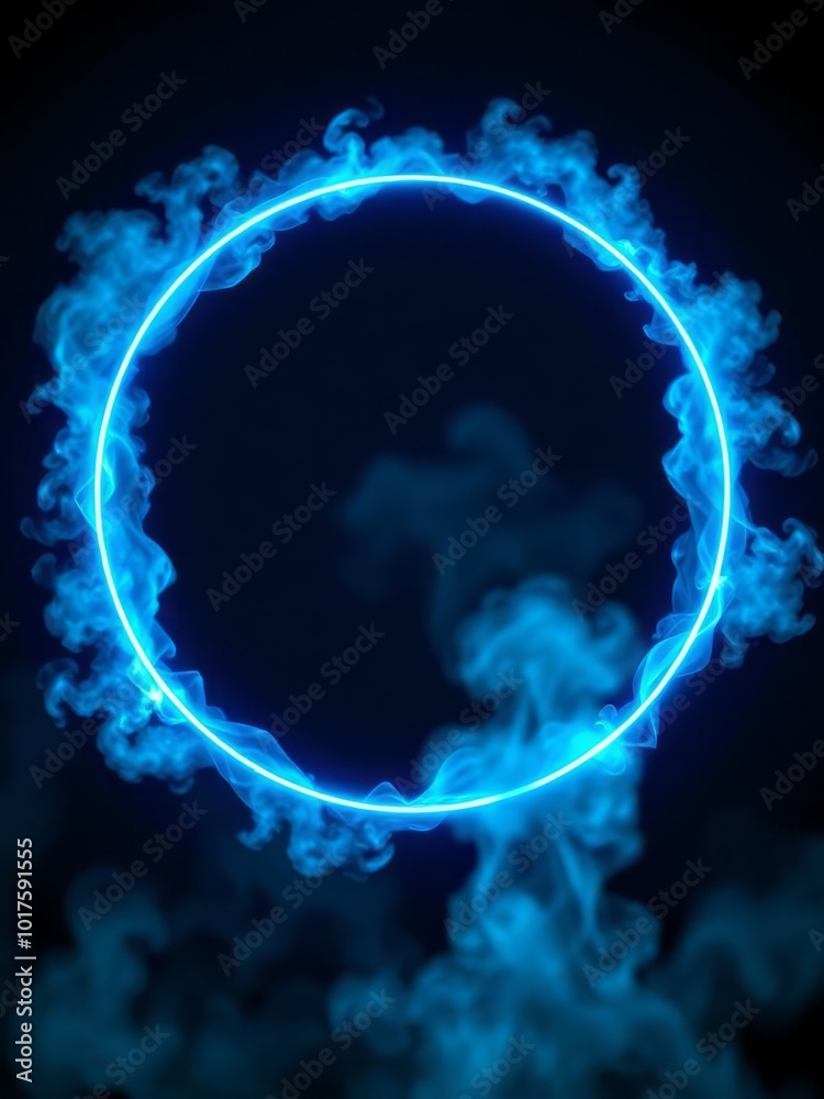 Neon blue color geometric circle on a dark background round mystical ...