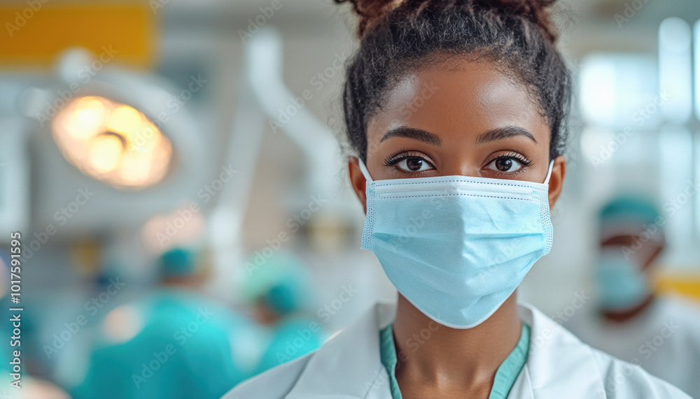 Confident african american surgeon wearing protective face mask standing in operating room Confident african american surgeon wearing protective face mask standing in operating room