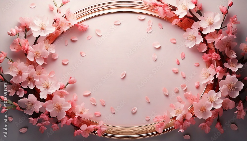 Fototapeta premium Pastel pink cherry blossoms scattered around the edges of a soft oval frame.