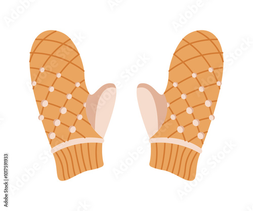 Cozy knitted mittens with beads flat color vector object. Keeping hands toasty in winter with warm gloves illustration on white background