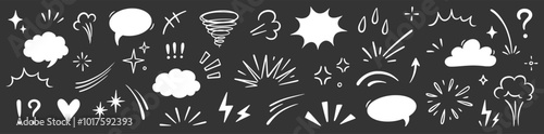 Comic cartoon effect smoke, boom element set. Comic speech bubble, boom burst, explosive smoke, line speed cartoon vector icon. Hand drawn sketch doodle speed element, splash. Vector illustration