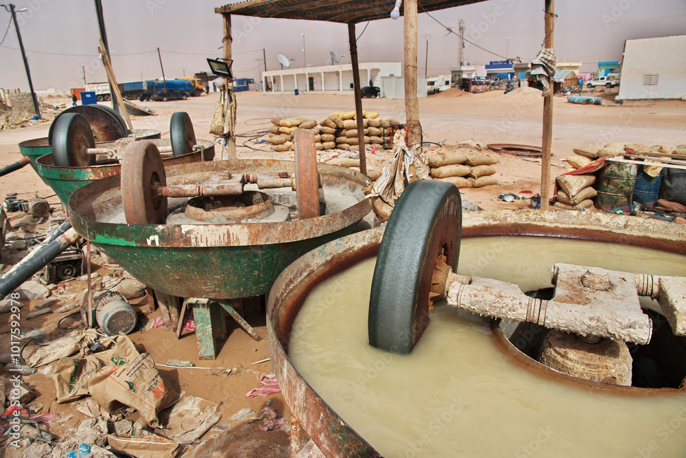 Nouakchott, Mauritania - 06 Jan 2022: Factory next to a gold mine in Sahara desert not far Nouakchott, Mauritania, West Africa