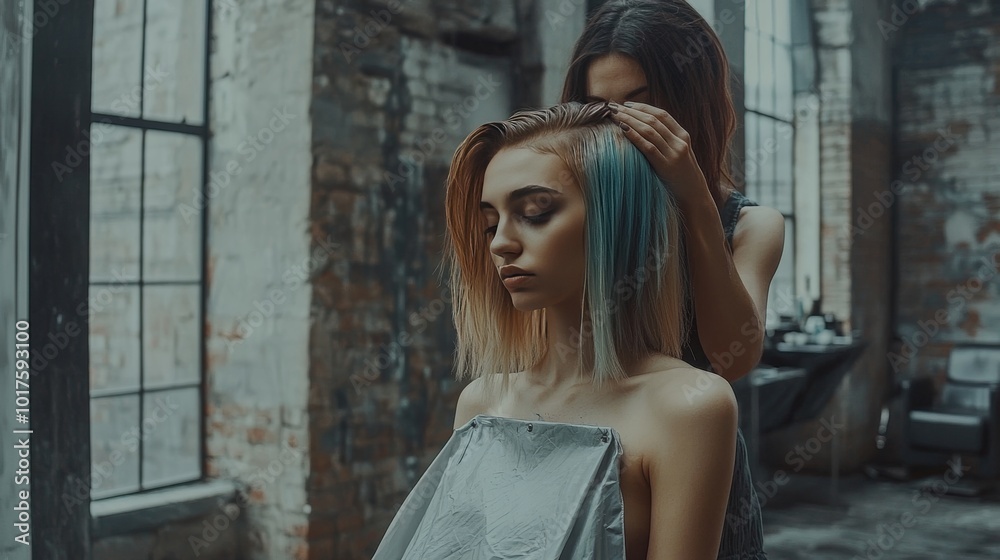 Naklejka premium Transform Your Look: A Captivating Hair Styling Experience in a Modern Salon