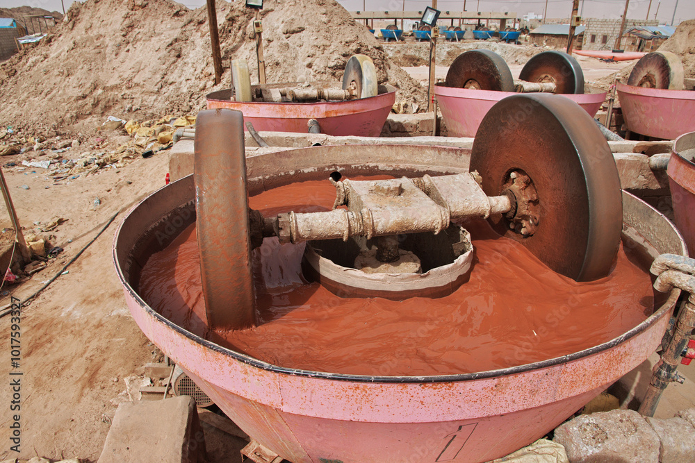 Nouakchott, Mauritania - 06 Jan 2022: Factory next to a gold mine in Sahara desert not far Nouakchott, Mauritania, West Africa