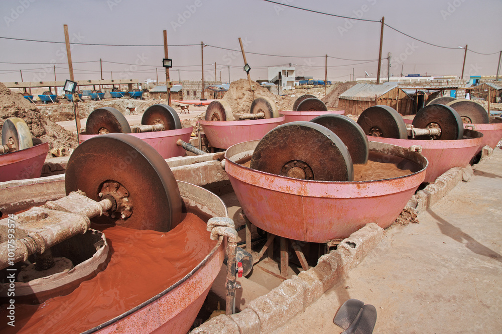 Nouakchott, Mauritania - 06 Jan 2022: Factory next to a gold mine in Sahara desert not far Nouakchott, Mauritania, West Africa