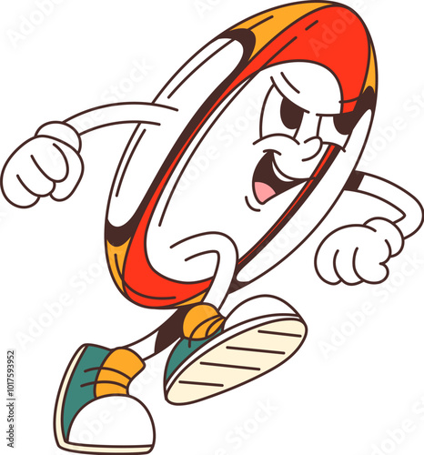 Cartoon retro groovy rugby ball character in a dynamic running pose. Isolated vector sports equipment personage with determined expression, wearing sneakers, and exudes energetic and playful vibe