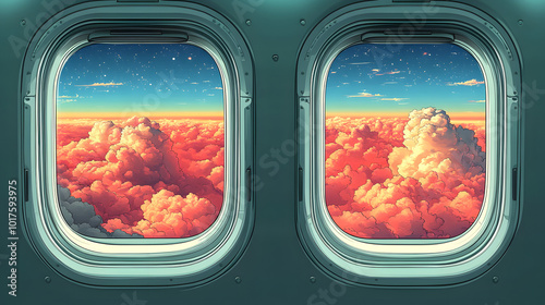 Two airplane windows, one showcasing a breathtaking view of the sky filled with fluffy clouds, while the other remains empty. This image captures the essence of air travel, evoking a sense of adventur photo