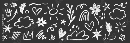 Kid crayon chalk hand drawn black vector set. Crayon pencil cloud, flower, arrow element doodle black brush hand drawn scribble design. Kid chalk pencil style doodle elements. Vector illustration