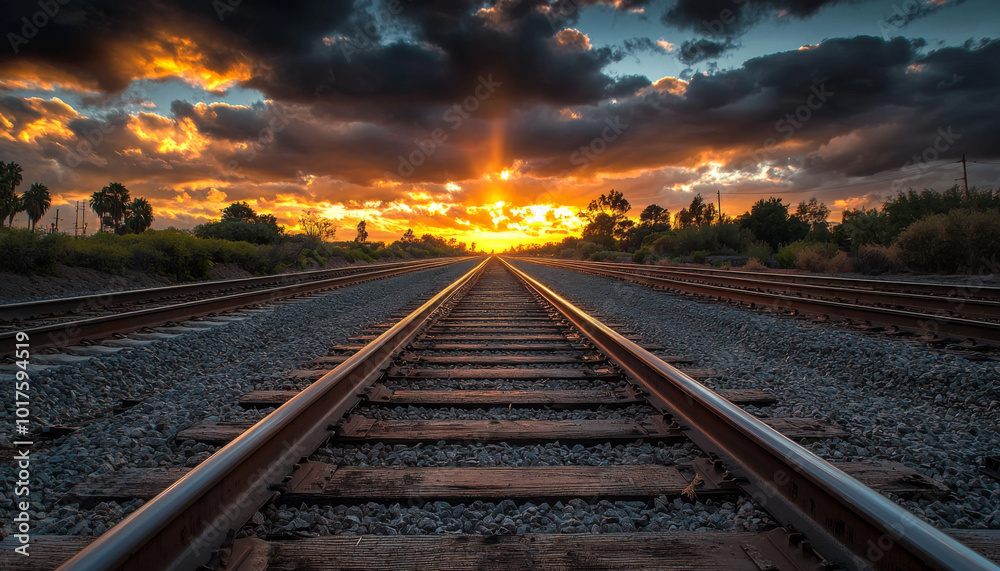 Obraz premium A tranquil view of railway tracks leading towards a vibrant sunset, framed by dramatic clouds and lush vegetation.
