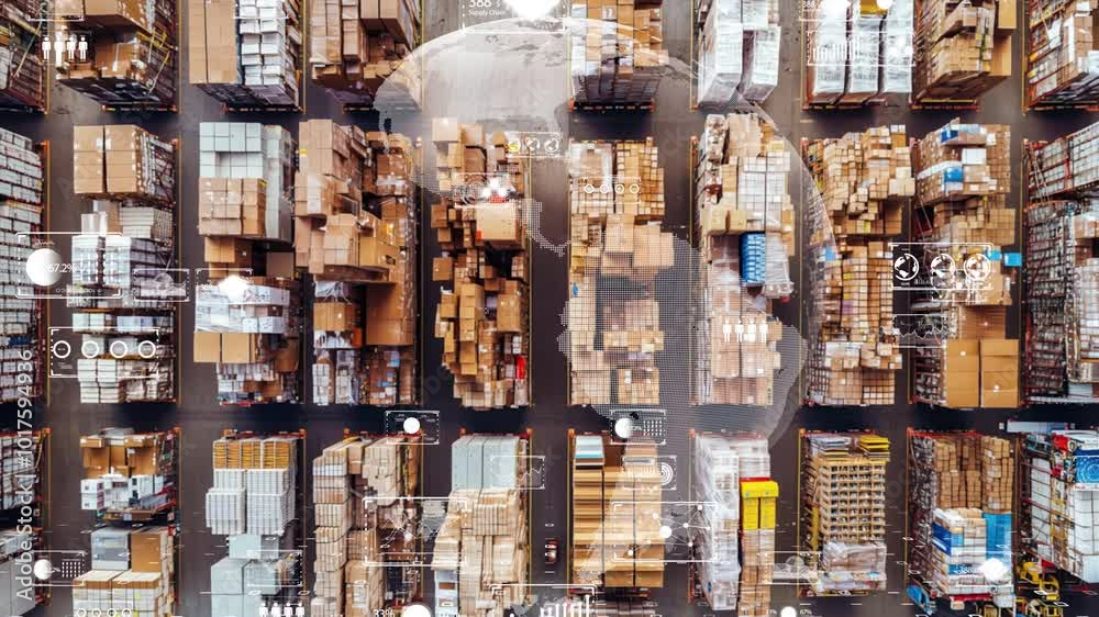 A futuristic view of global logistics with rows of shipping containers and holographic data interfaces displaying real-time trade information A futuristic view of global logistics with rows of shipping containers and holographic data interfaces displaying real-time trade information