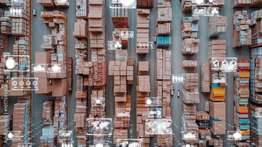 A futuristic view of global logistics with rows of shipping containers and holographic data interfaces displaying real-time trade information