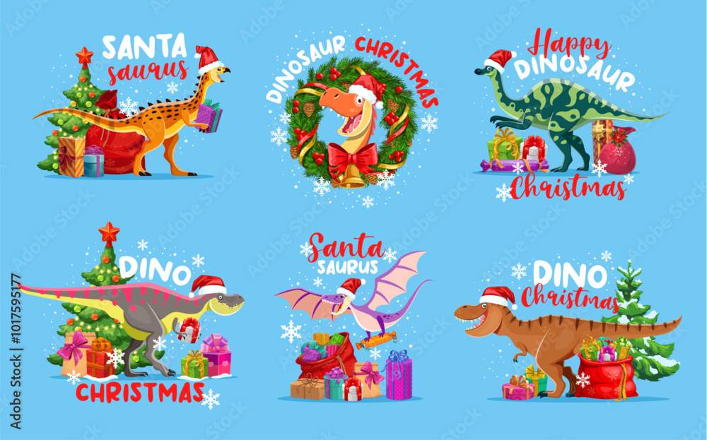 Fototapeta premium Christmas dinosaur greetings. Cartoon vector festive dino species wearing santa hats and surrounded by xmas trees, presents, and holiday decorations. Playful and cheerful funny holiday congratulations