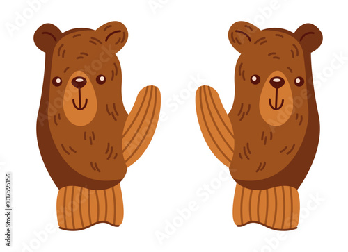 Adorable brown bear shaped gloves flat color vector object. Happily animal faces on hand warming accessories illustration on white