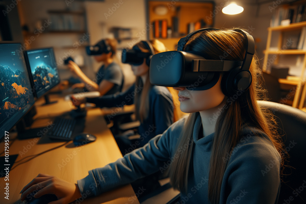 A team of four creative engineers working with virtual reality, with a young woman testing VR glasses while seated in an office room. A team of four creative engineers working with virtual reality, with a young woman testing VR glasses while seated in an office room.
