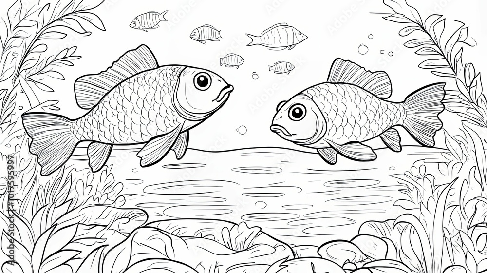 Two Goldfish Swimming in a Pond with Aquatic Plants Two Goldfish Swimming in a Pond with Aquatic Plants