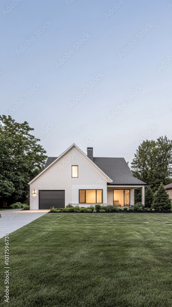 Obraz premium Modern white house with large windows surrounded by greenery at twilight