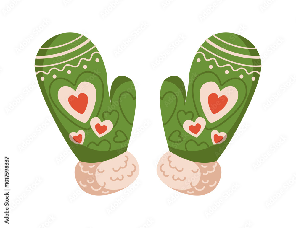 Lovely knitted mittens with hearts pattern flat color vector object. Warm woolen accessory for cold winter weather illustration on white