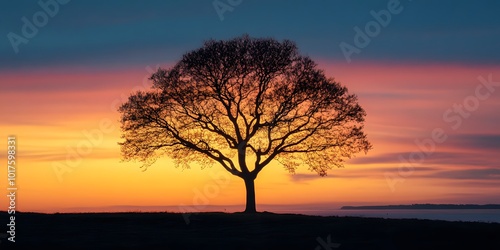 Fiery Sunset Silhouetting a Lone Tree on a Grassy Hill with a Dramatic Sky Backdrop Capturing the Beauty and Serenity of Nature, generative ai
