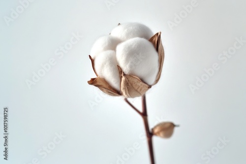 A close-up view of a cotton boll opening up on its stem against a soft background