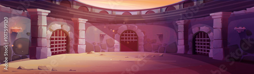 Ancient gladiator arena. Roman coliseum cartoon. Greek amphitheater building for fight. Empty roma stadium for warrior to battle under sunlight. Empire prison with metal bars on sunset environment