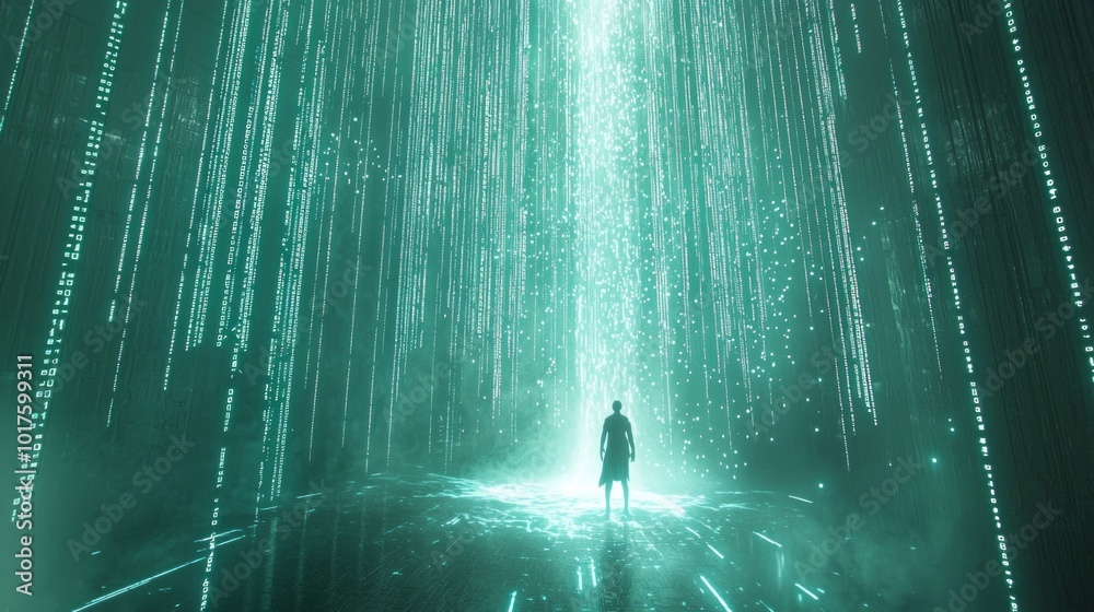 Digital Enlightenment - Character Standing under Code Waterfall Seeking Clarity and Liberation in Ray Tracing 3D Illustration with Cinematic Lighting Digital Enlightenment - Character Standing under Code Waterfall Seeking Clarity and Liberation in Ray Tracing 3D Illustration with Cinematic Lighting
