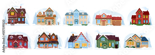Isolated Christmas winter house exteriors, home building facade with snowy roofs, trees and snowman, vector Xmas holiday town scene. Cartoon house buildings decorated with Christmas lights and wreaths
