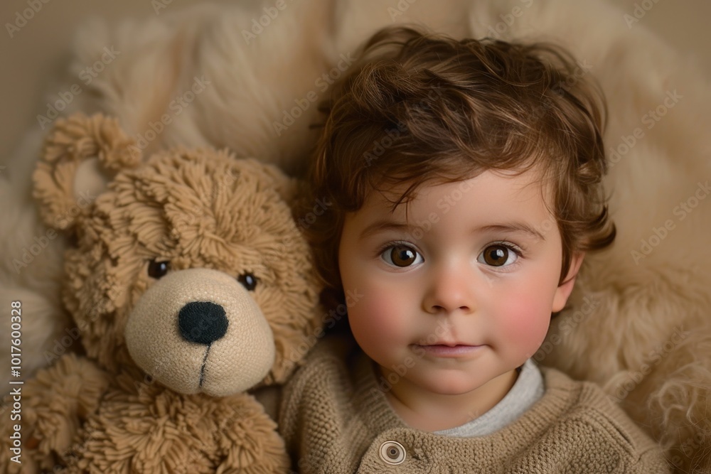 Adorable Baby Boy with Expressive Brown Eyes Cuddling his Teddy Bear in Tan Clothes, Portrait Adorable Baby Boy with Expressive Brown Eyes Cuddling his Teddy Bear in Tan Clothes, Portrait