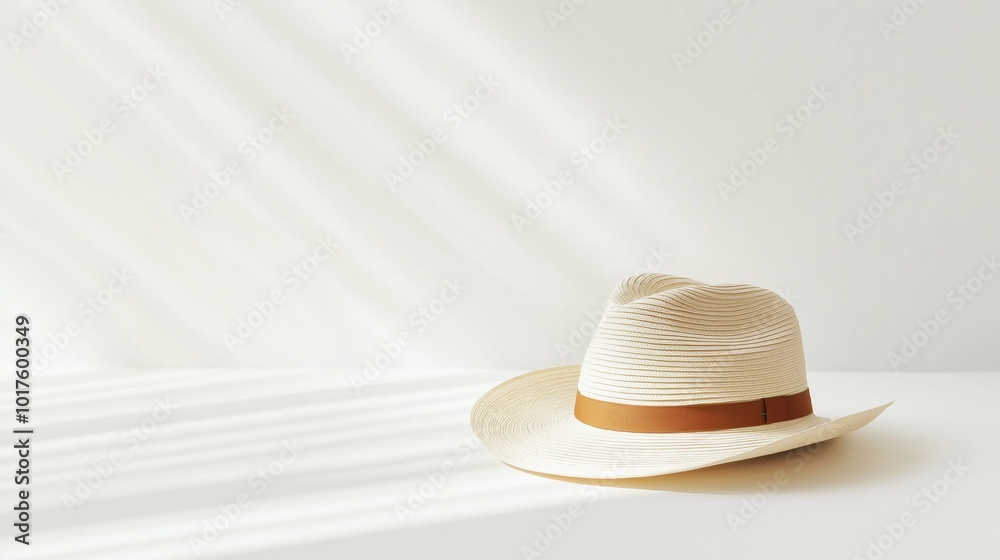 A stylish straw hat resting on a flat surface with soft sunlight illuminating the scene in a minimalist setting. A stylish straw hat resting on a flat surface with soft sunlight illuminating the scene in a minimalist setting.