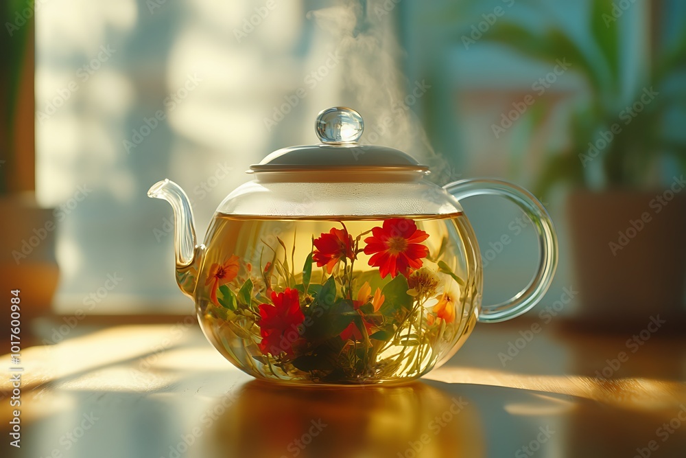 A glass teapot with flowers and steaming herbal tea. A glass teapot with flowers and steaming herbal tea.