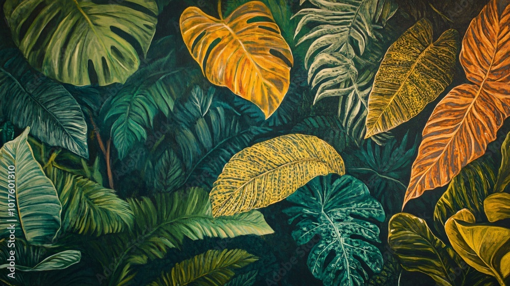 Fototapeta premium Close-up of a painting depicting vibrant green and yellow tropical leaves with a dark green background.