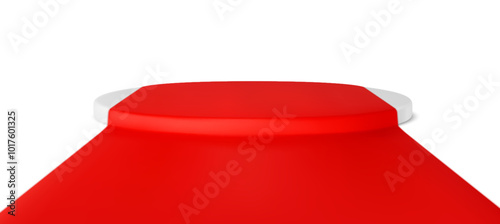 Red carpet podium for winner or award vector. 3d white stage for show or product display cover with premium cloth. Cinema presentation template. Empty studio platform for exclusive showcase or contest