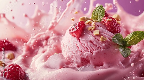 Strawberry Ice Cream with Mint and Peanuts in a Pink Milk Splash photo