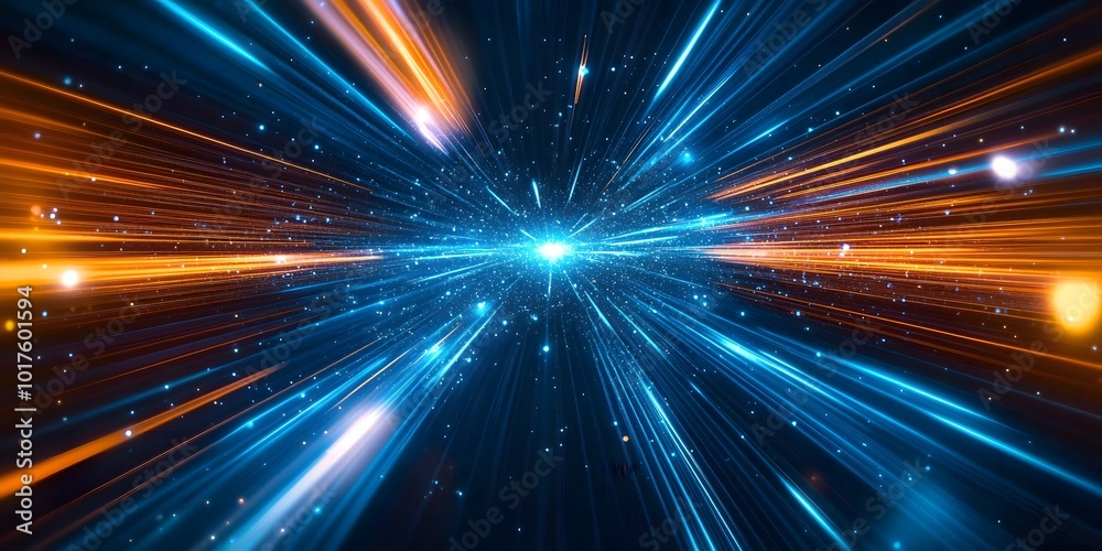 Light speed, light beams moving fast in space, blue and orange colors, abstract background with glow lines, motion blur effect, generative ai
Light speed, light beams moving fast in space, blue and orange colors, abstract background with glow lines, motion blur effect, generative ai