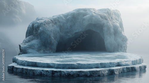  winter platform and natural background, Podium on the ice snow mountain, Backdrop clear sky snow wall for product display, advertising, cosmetic skincare photo