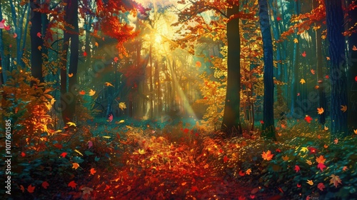 Depict the autumn equinox with a forest floor covered in colorful leaves, where day and night are of equal length and the sunset is spectacular