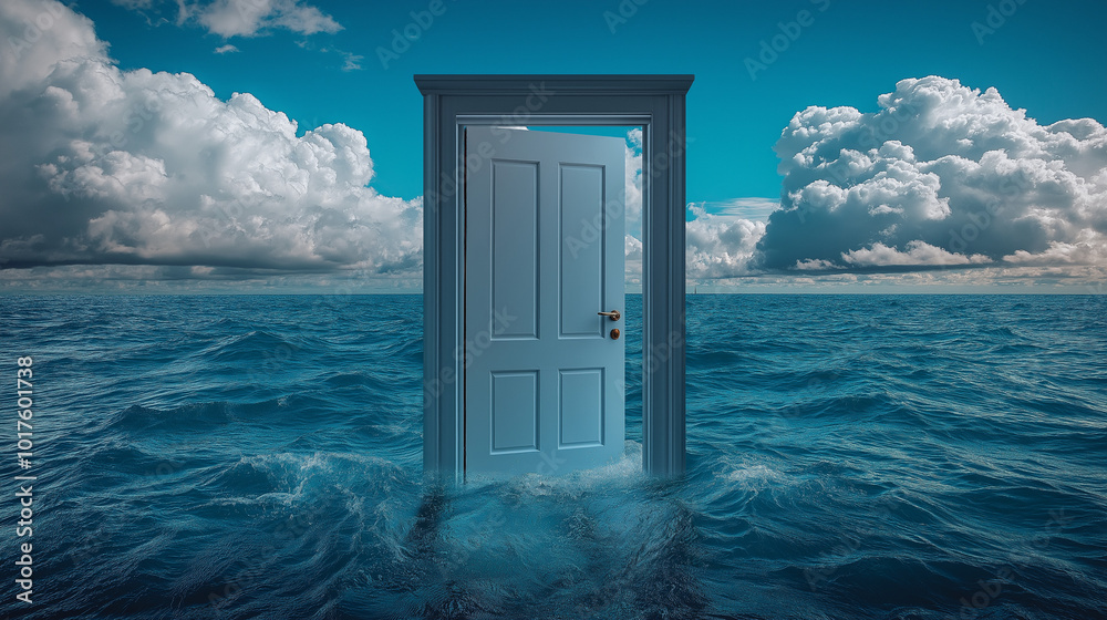 A opened door on the water, beautiful sunset background. A mysterious door emerging from the depths. Symbol of new career, opportunities, business ventures and initiative. A opened door on the water, beautiful sunset background. A mysterious door emerging from the depths. Symbol of new career, opportunities, business ventures and initiative.