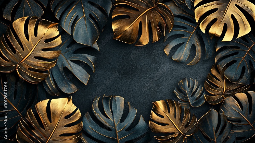 Golden and Black Monstera Leaves on a Dark Background Golden and Black Monstera Leaves on a Dark Background