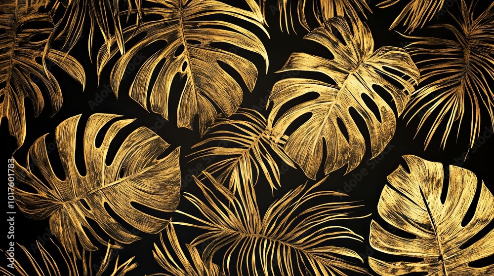 Golden Tropical Leaves on Black Background