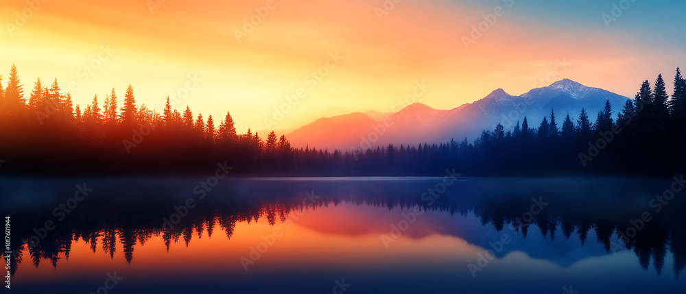 Obraz premium Serene lake at sunset, vibrant colors reflecting off still water.