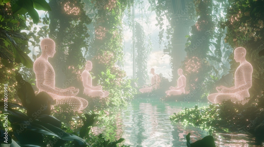 Fototapeta premium Virtual Meditation: Serene Characters in Digital Garden with Glowing Plants and Holographic Creatures Seeking Inner Peace - Ray Tracing 3D Illustration