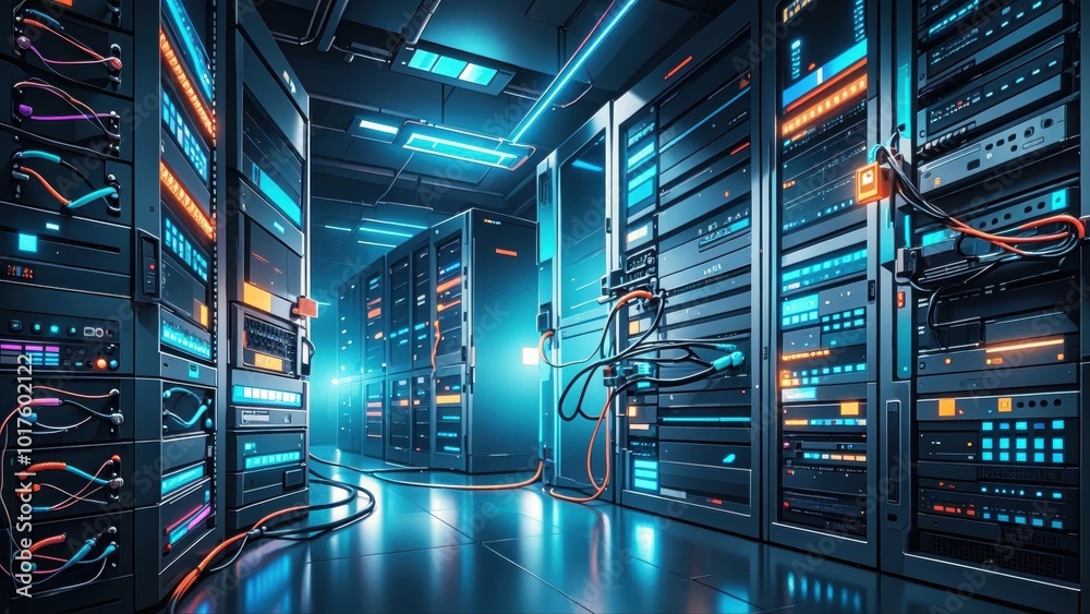 Background network technology scene showcasing interconnected devices, servers, and data centers. High-tech cables Background network technology scene showcasing interconnected devices, servers, and data centers. High-tech cables