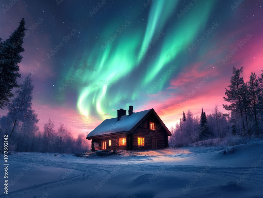 A cozy Swedish cabin surrounded by snow, with the Northern Lights stretching across the sky above. A cozy Swedish cabin surrounded by snow, with the Northern Lights stretching across the sky above.