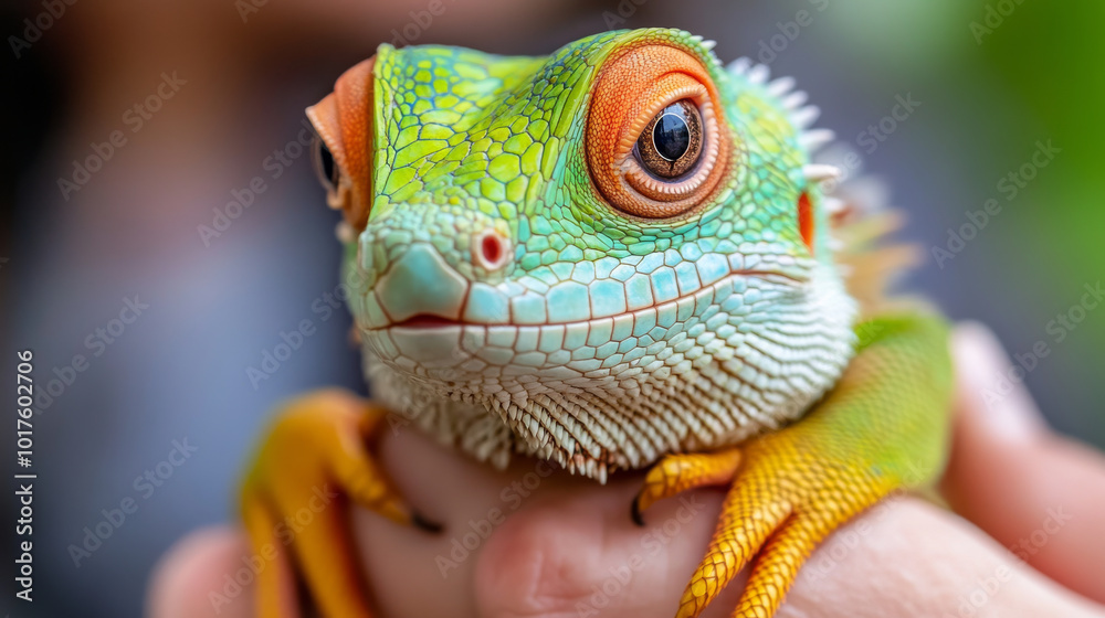 Fototapeta premium A friendly exotic pet adoption center, showcasing various animals like reptiles and birds in spacious enclosures, while families interact with the pets.