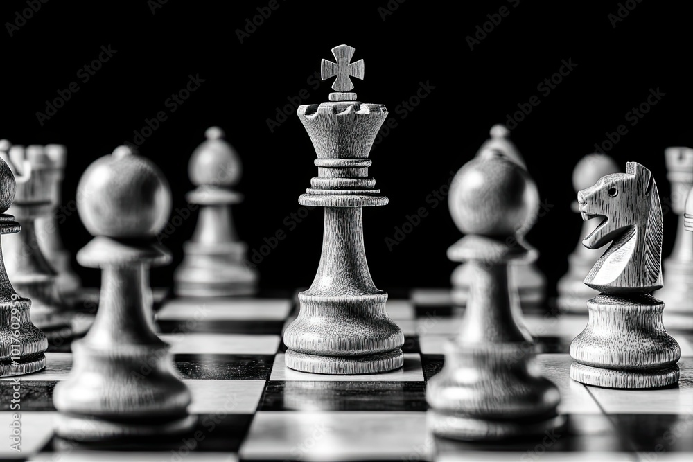 A Close-up of a White Chess King on a Board with Other Pieces A Close-up of a White Chess King on a Board with Other Pieces
